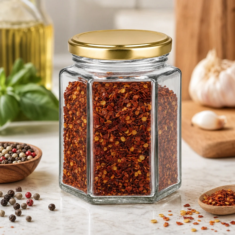 Pot à miel 250 g avec couvercle doré BasicSeal UNiTWIST Pot de miel BasicSeal hexagonal de 250g rempli d'épices au chili dans la cuisine aux épices entre les grains de poivre et les herbes aromatiques