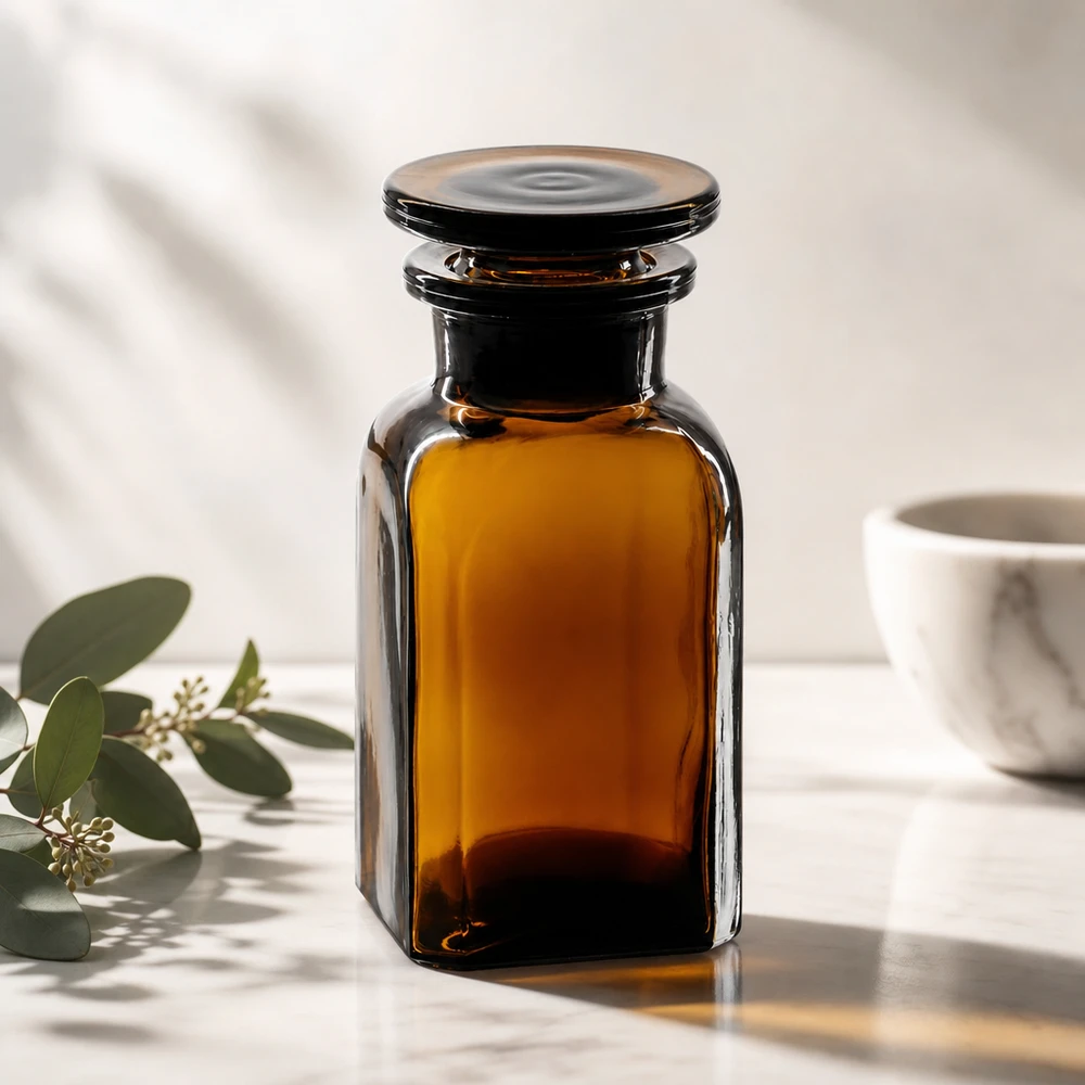 Flacon carré col large 100 ml + bouchon RIN, verre ambré Petite bouteille de conservation de 100 ml, en verre ambré, de forme carrée, avec un couvercle en verre et un goulot large