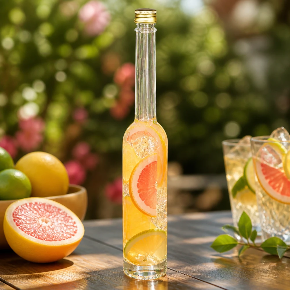 Bouteille en verre Toni de 100 ml avec boisson au pamplemousse - bouchon en or UNiTWIST dans une atmosphère de jardin estival avec agrumes