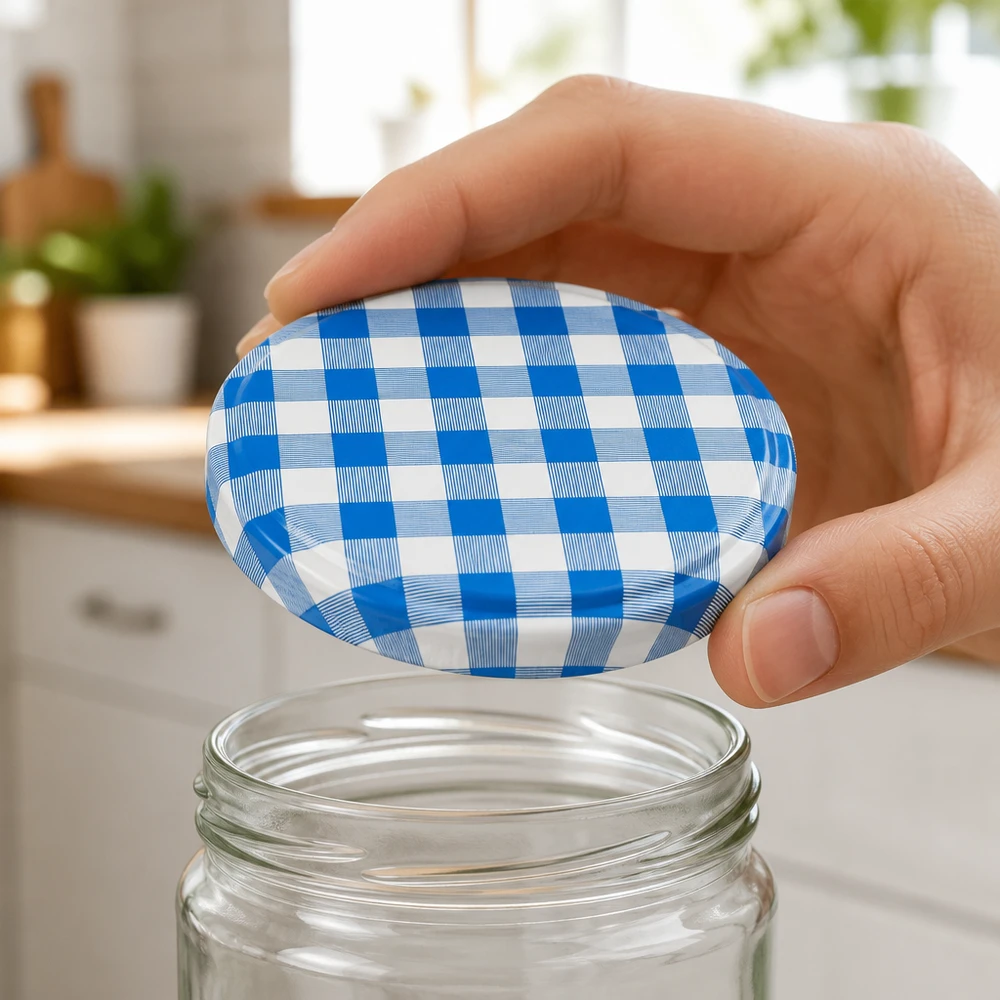 TO82 Couvercle de bocal avec fermeture « twist-off », bleu, motif damier blanc, 82 mm