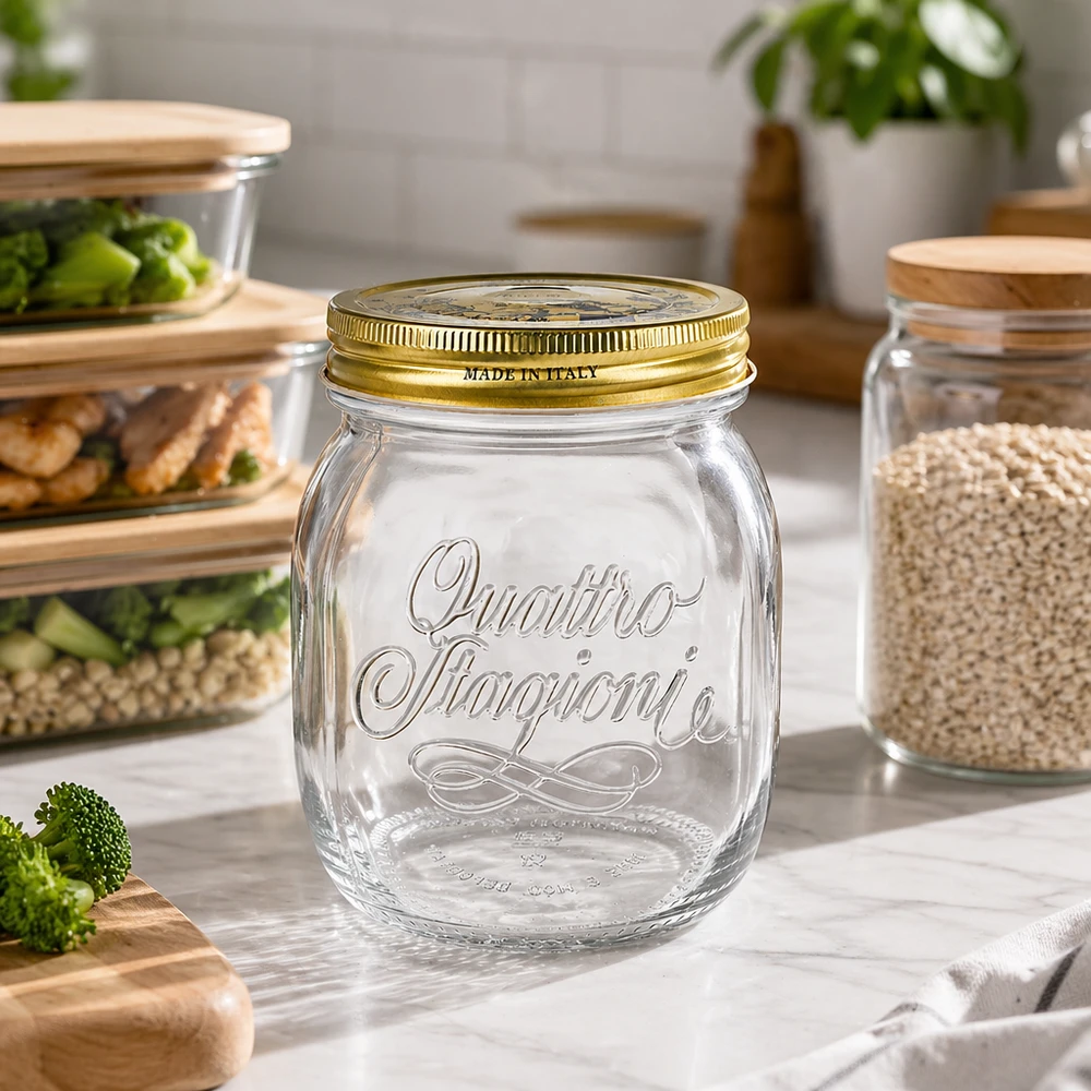 Quattro Stagioni 700ml verre rond vide dans une cuisine moderne avec des récipients Meal-Prep et des bocaux à provisions Organisation de la cuisine