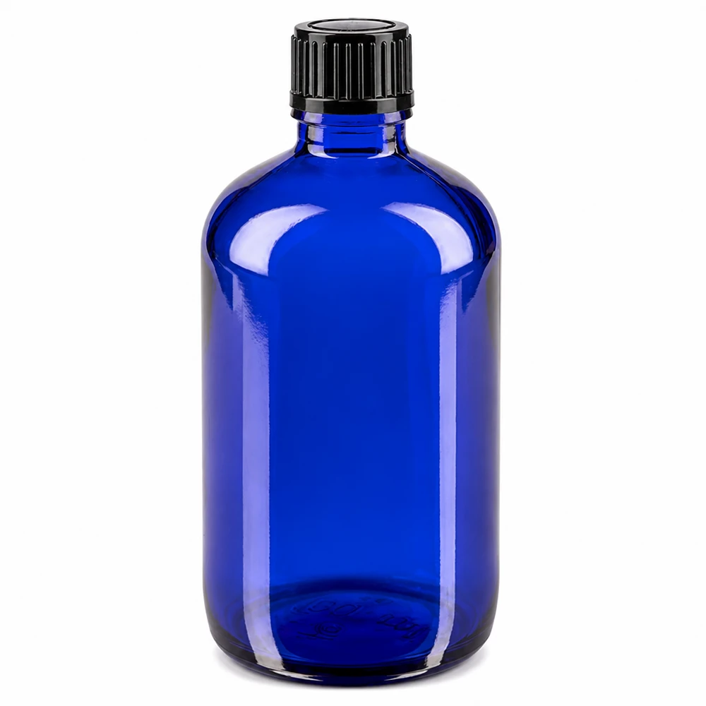 Flacon de pharmacie bleu 100ml bouchon vissable noir Std Flacon en verre bleu cobalt de 100 ml avec bouchon SV STD pour les pharmacies