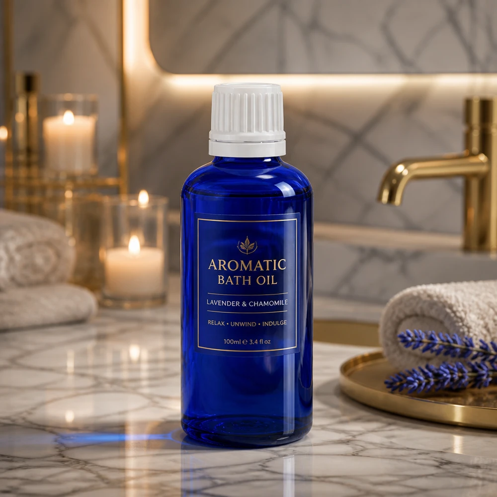 Flacon de pharmacie bleu cobalt de 50 ml avec compte-gouttes d'origine scellé, de couleur blanche