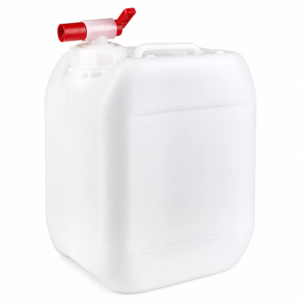 Jerrican de 5 litres avec robinet Bidon rectangulaire de 5 litres, de couleur blanche, muni d'un robinet de vidange rouge très pratique situé sur le dessus