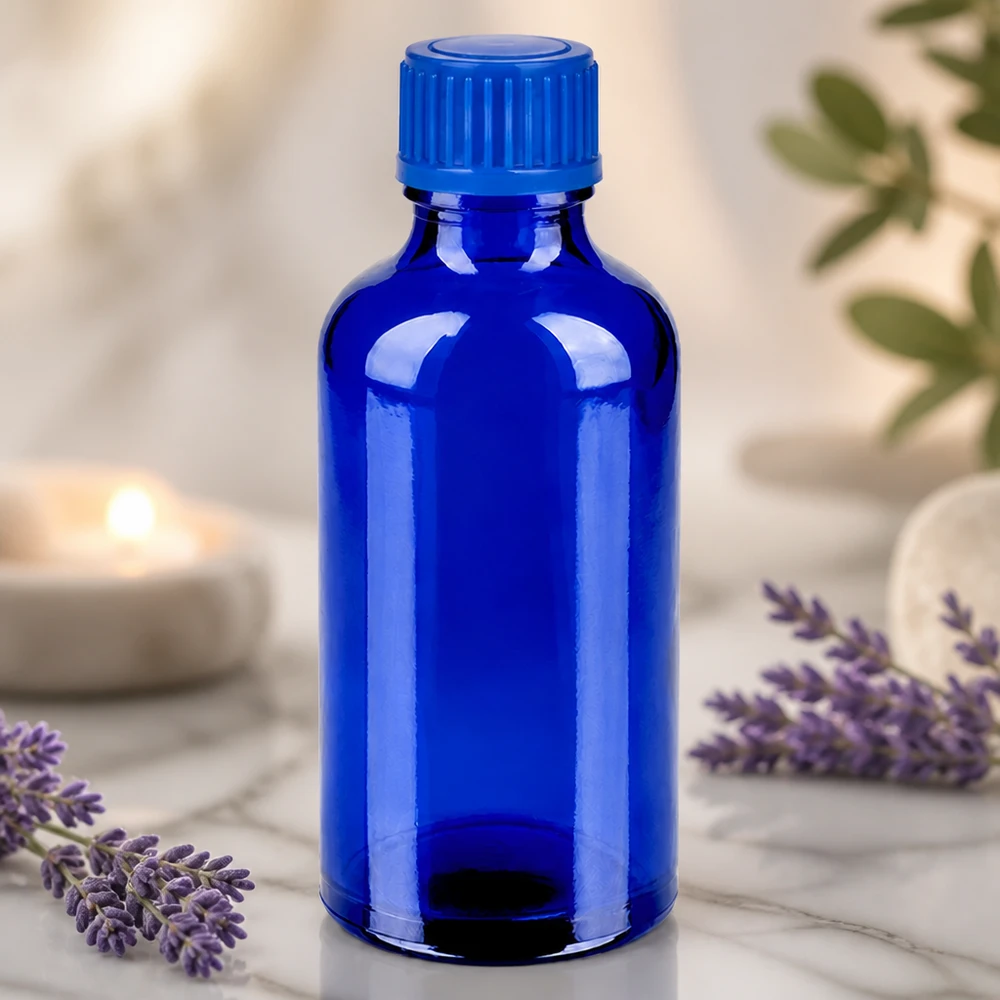 Flacon de 50ml 11mm SV bleu STD BlueLine UT18/50 Bouteille élégante bleu cobalt de 50 ml avec filetage UT18/50 pour les cosmétiques naturels et les naturopathes