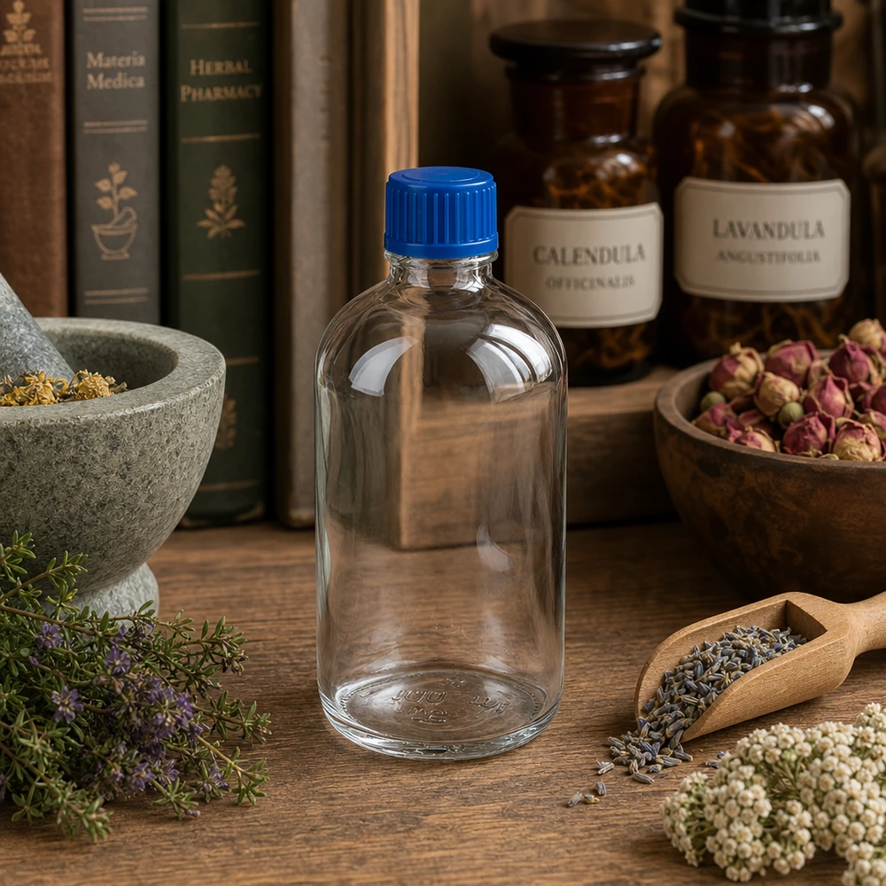 Flacon de conservation pour phytothérapie 100 ml ClearLine UT18, verre transparent, bouchon à vis bleu, pharmacie