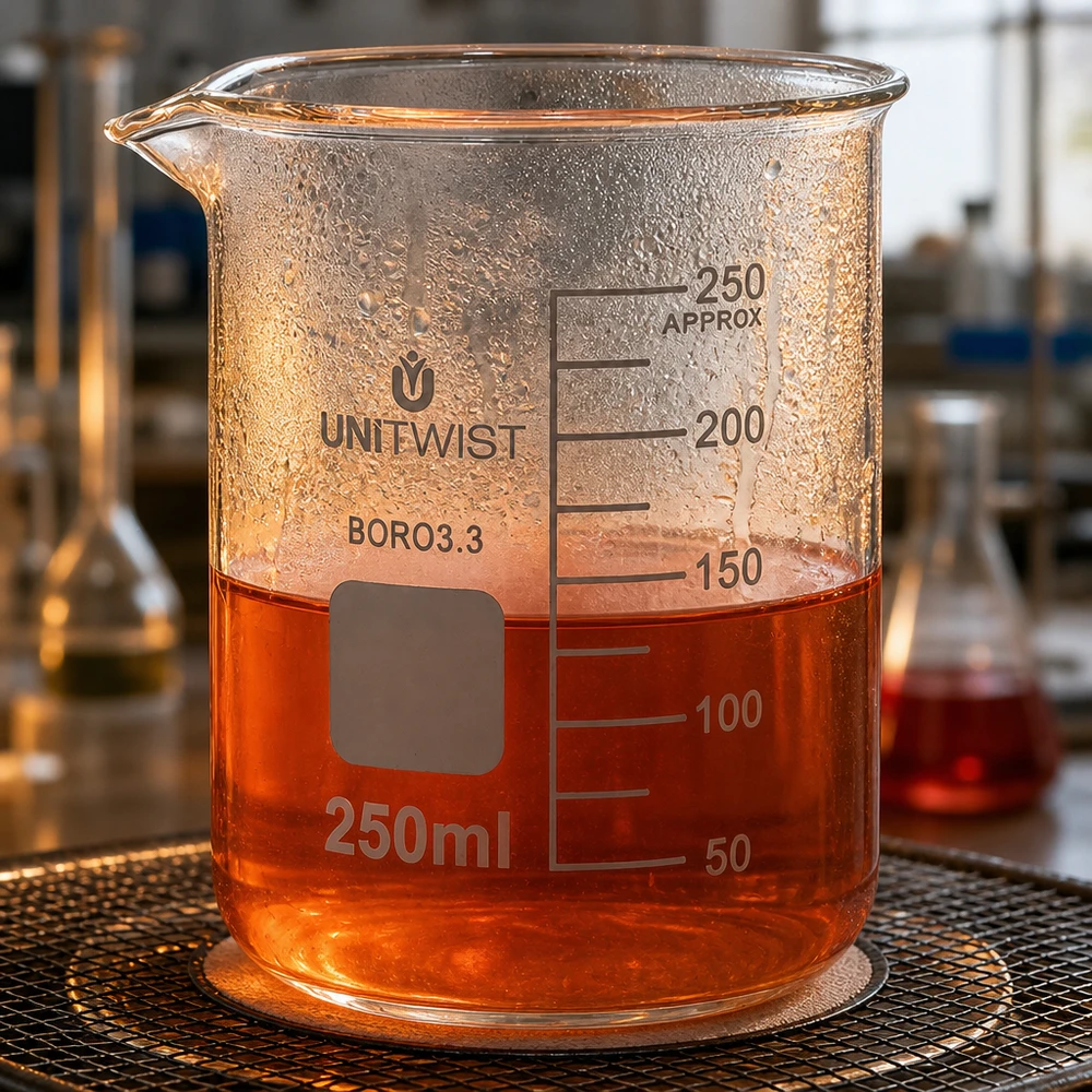 Bécher 250ml borosilicate, forme basse UNiTWIST Verre à bec UNiTWIST de 250 ml avec large base et emplacement pour étiquette inscriptible, en borosilicate