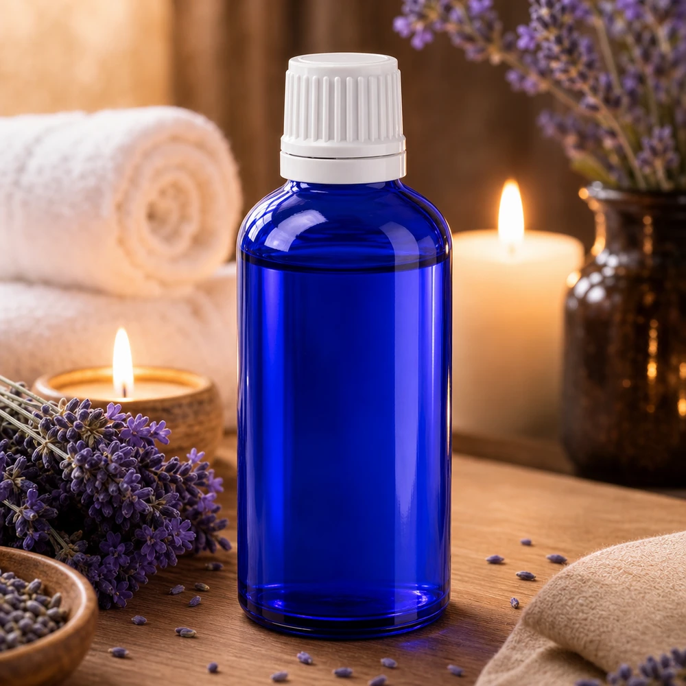 Flacon en verre bleu cobalt de 50 ml, muni d'un bouchon compte-gouttes à sécurité enfant et d'un goulot de 0,7 mm