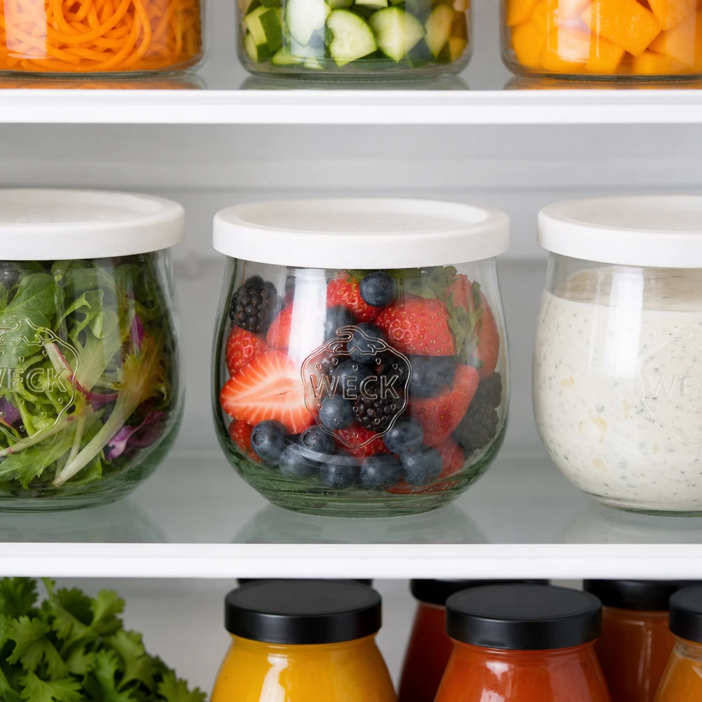 Bocal en forme de tulipe de 370 ml avec couvercle hermétique WECK RR80 WECK Pot tulipe 370ml RR80 dans le réfrigérateur rempli de baies à côté de la salade et des pâtes à tartiner pour une conservation au frais