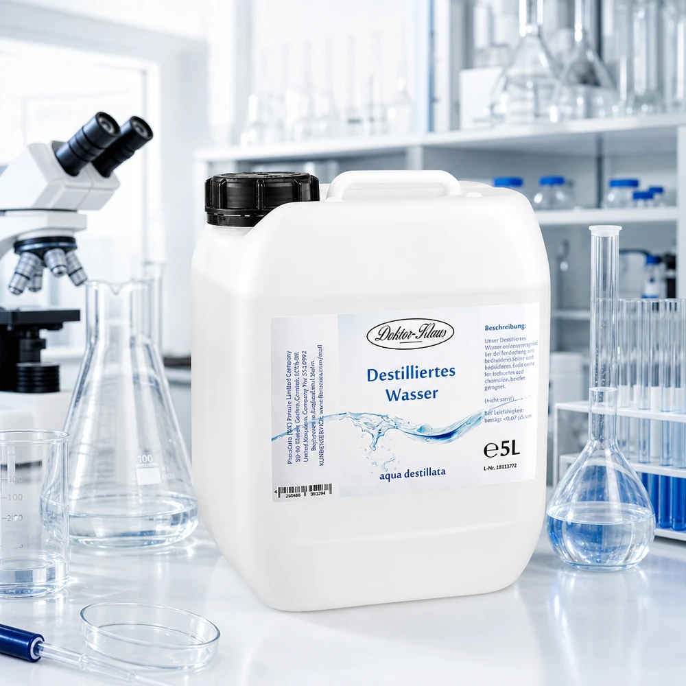 Doktor-Klaus eau distillée bidon de 5 litres en environnement de laboratoire stérile avec microscope et ballon en verre
