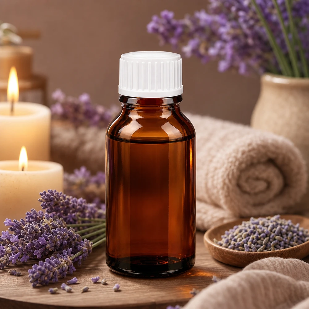 Flacon compte-gouttes cylindrique en verre ambré de 15 ml avec bouchon blanc, posé sur une table en bois décorée dans le style spa