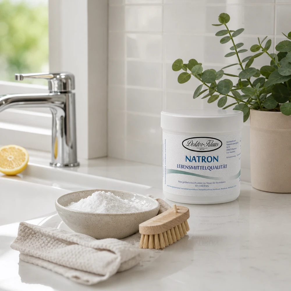 Bicarbonate de soude Doktor Klaus, en boîte blanche de 250 g, apte à l’utilisation alimentaire Bicarbonate de sodium Doktor Klaus 250g en poudre en barquette avec brosse en bois pour un nettoyage naturel de la cuisine