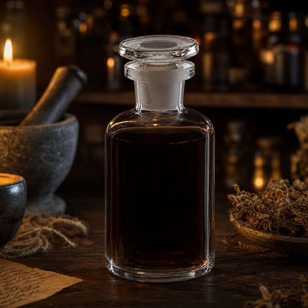 Flacon pharmaceutique 50 ml col étroit en verre clair + bouchon Flacon en verre avec bouchon en verre, 50 ml, col étroit et épaulement arrondi, pour la phytothérapie et les herbes médicinales