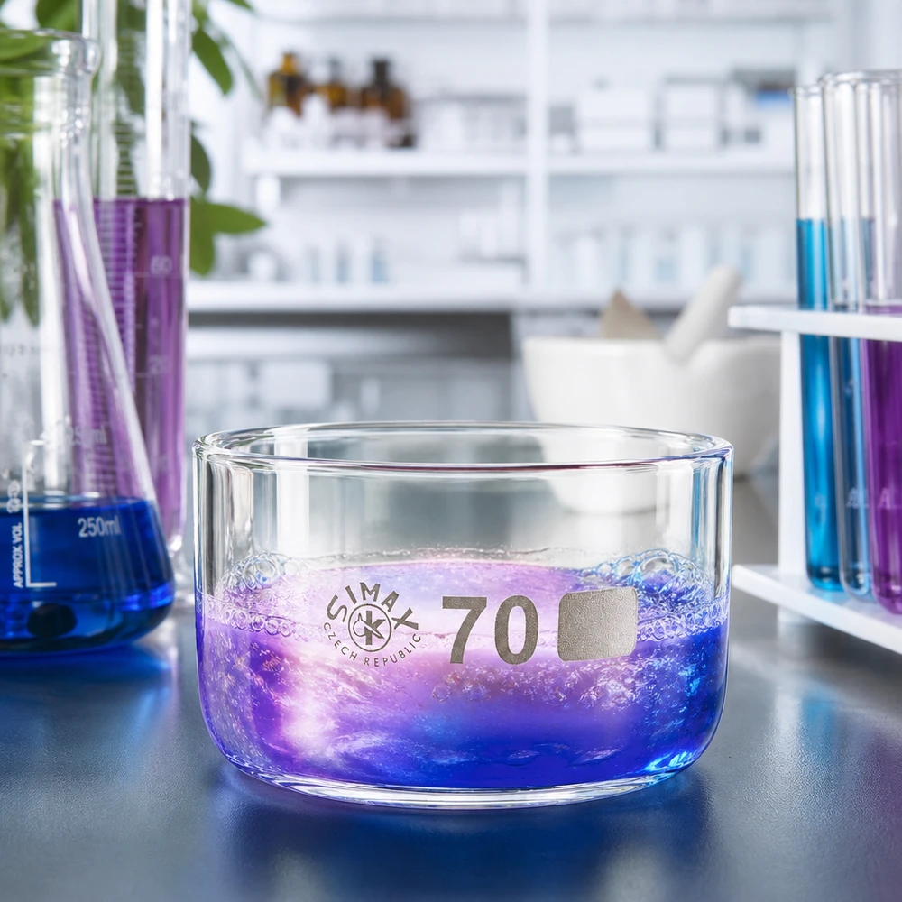 Coupelle de cristallisation 100 ml sans bec verseur Coupelle en verre de 70 mm de diamètre contenant une solution chimique de couleur bleue et violette, dans un environnement de laboratoire