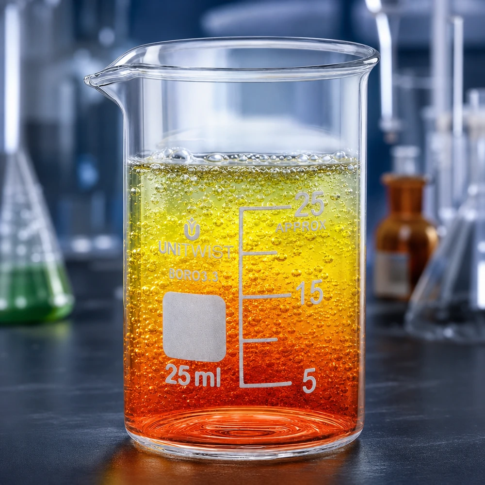 Bécher 25ml borosilicate, forme basse UNiTWIST Réaction chimique dans le bécher UNiTWIST de 25 ml, avec un dégradé de couleurs allant de l'orange au jaune et formation de mousse