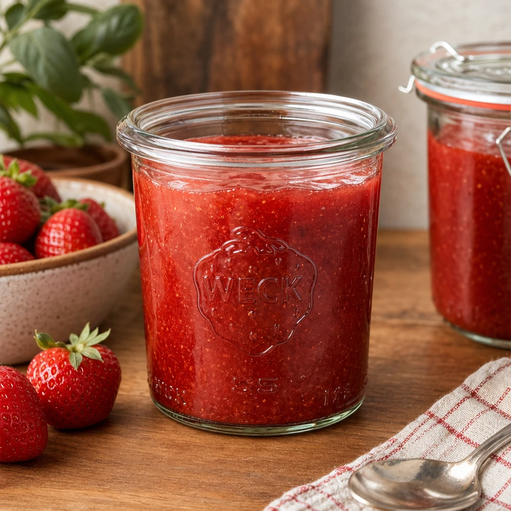 140ml WECK Pot renversé RR60 rempli de confiture de fraises maison sur table en bois avec fraises fraîches