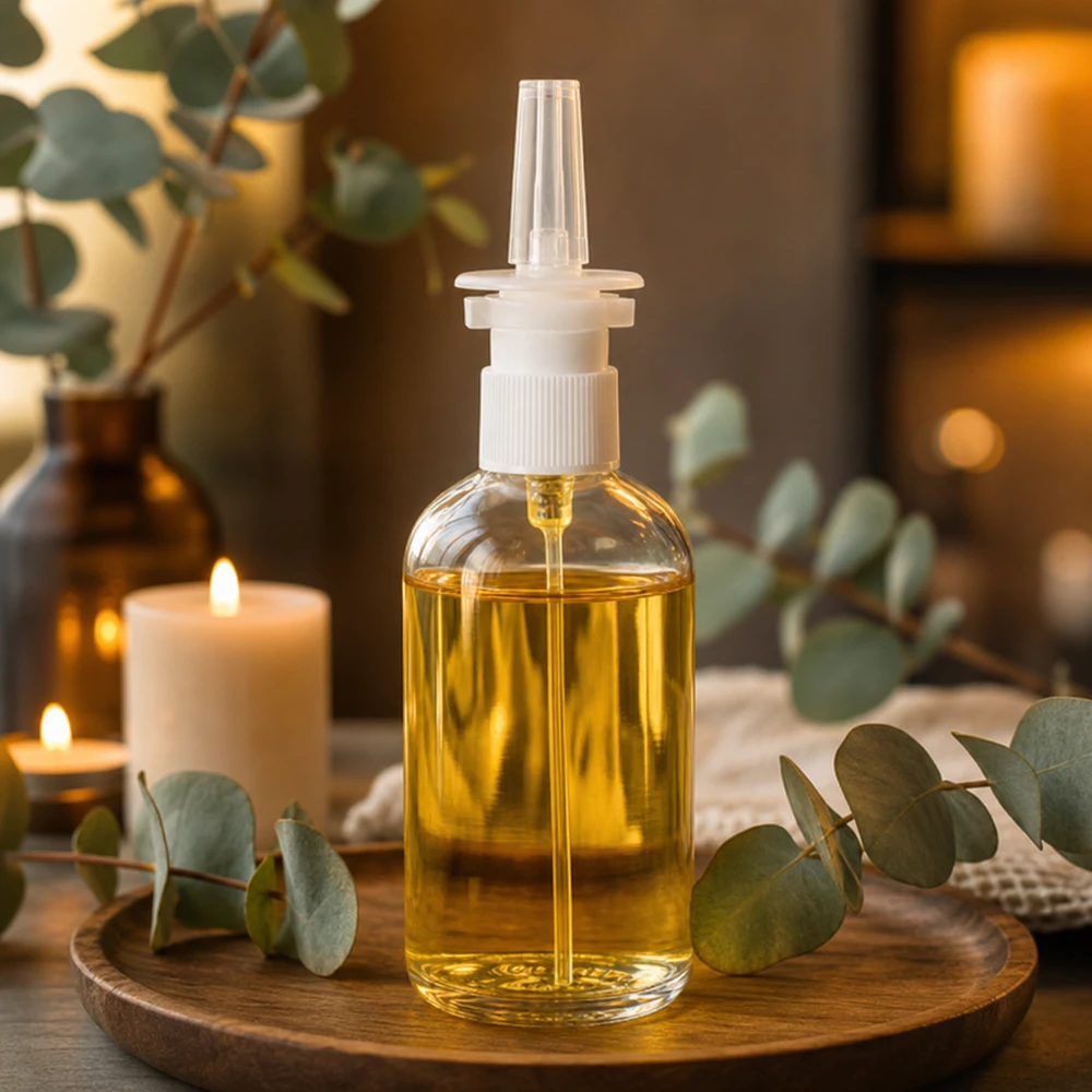 100ml flacon vaporisateur nasal blanc/tr. STD ClearLine UT18/100 Flacon de spray nasal ClearLine de 100 ml posé sur un plateau en bois orné de branches d'eucalyptus et de bougies
