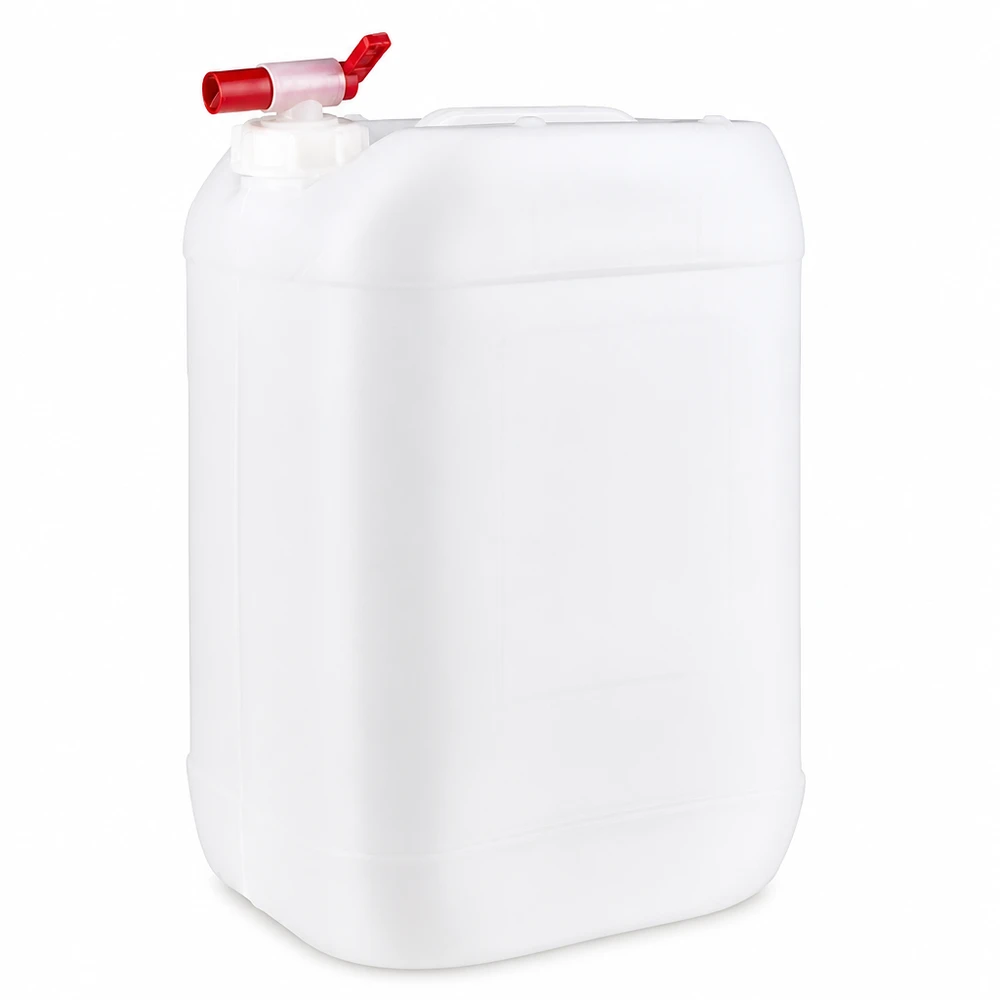 Jerrican de 25 litres avec robinet Bidon rectangulaire blanc de 25 litres, muni d'un robinet pratique pour le remplissage et le soutirage