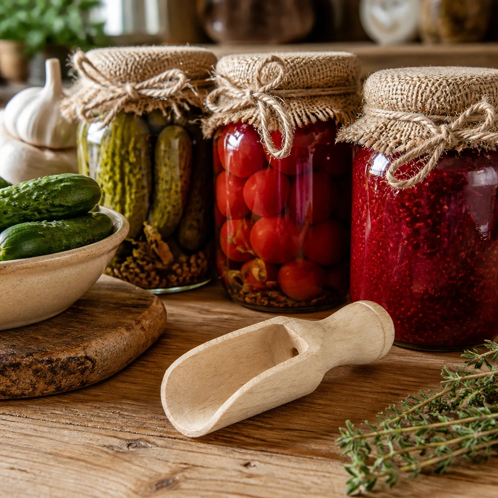 Pelle en bois XS dans une cuisine rustique entre des bocaux de légumes marinés et de confiture