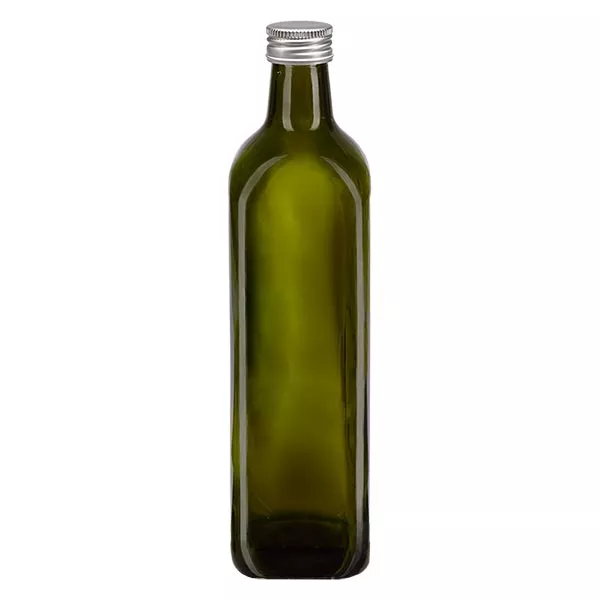 Bouteille d'huile 750 ml carrée, vert olive + capsule à vis en aluminium argenté (PP 31,5 mm)