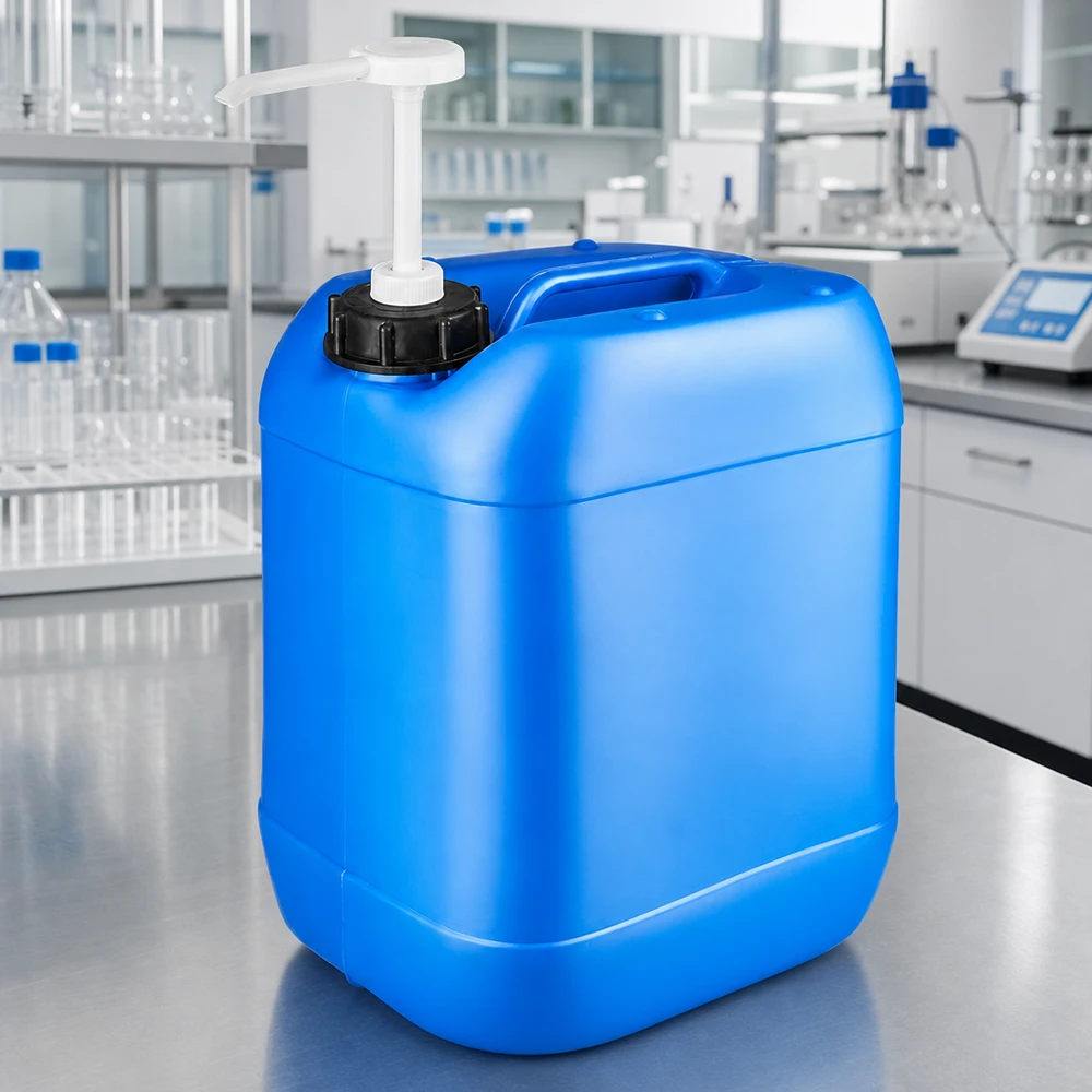 Bidon de 20 litres bleu avec pompe doseuse Bidon rectangulaire bleu de 20 L avec pompe manuelle blanche et couvercle noir