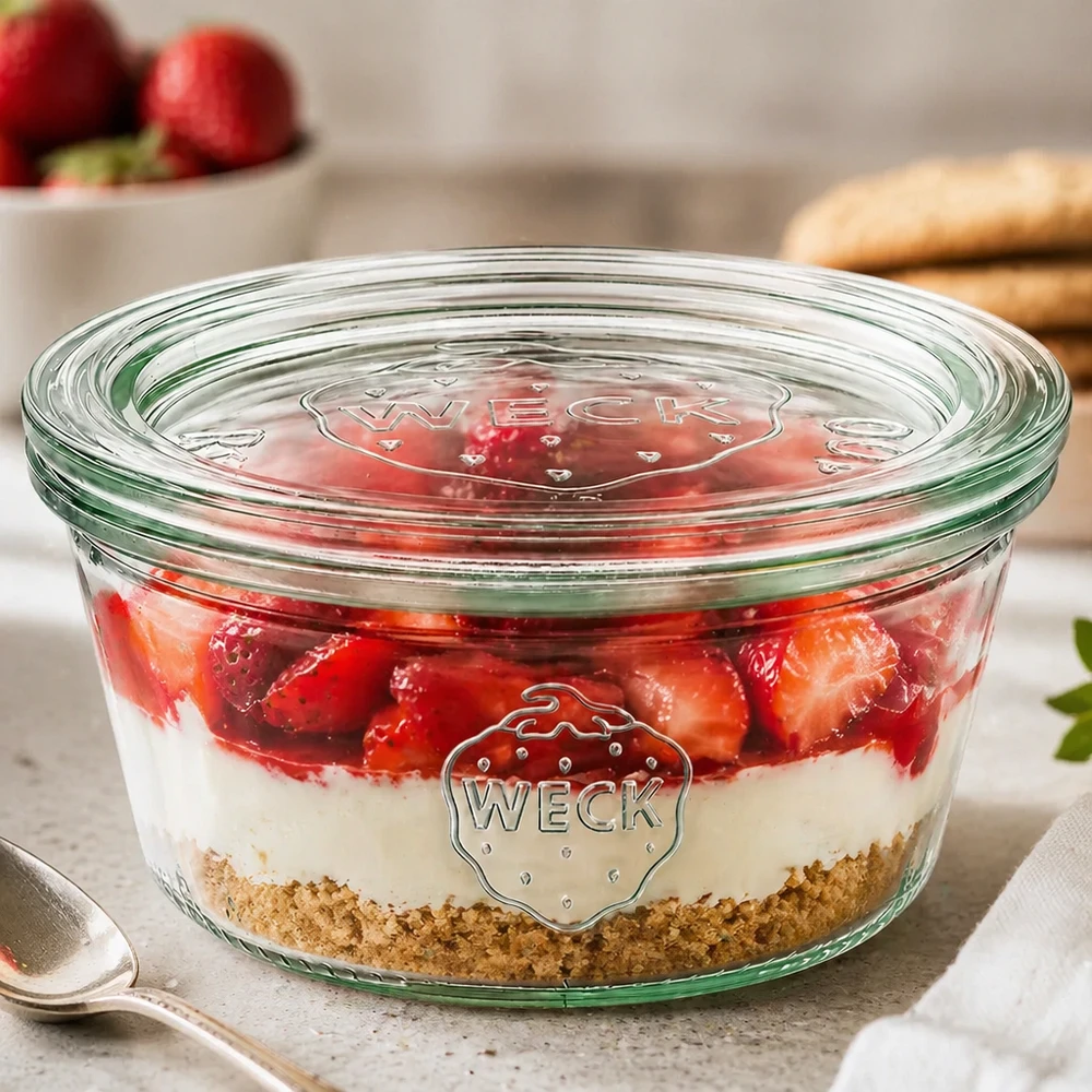 WECK Verre renversé 290ml RR100 rempli d'une couche de dessert à la fraise montre une utilisation polyvalente comme verre à dessert avec couvercle en verre