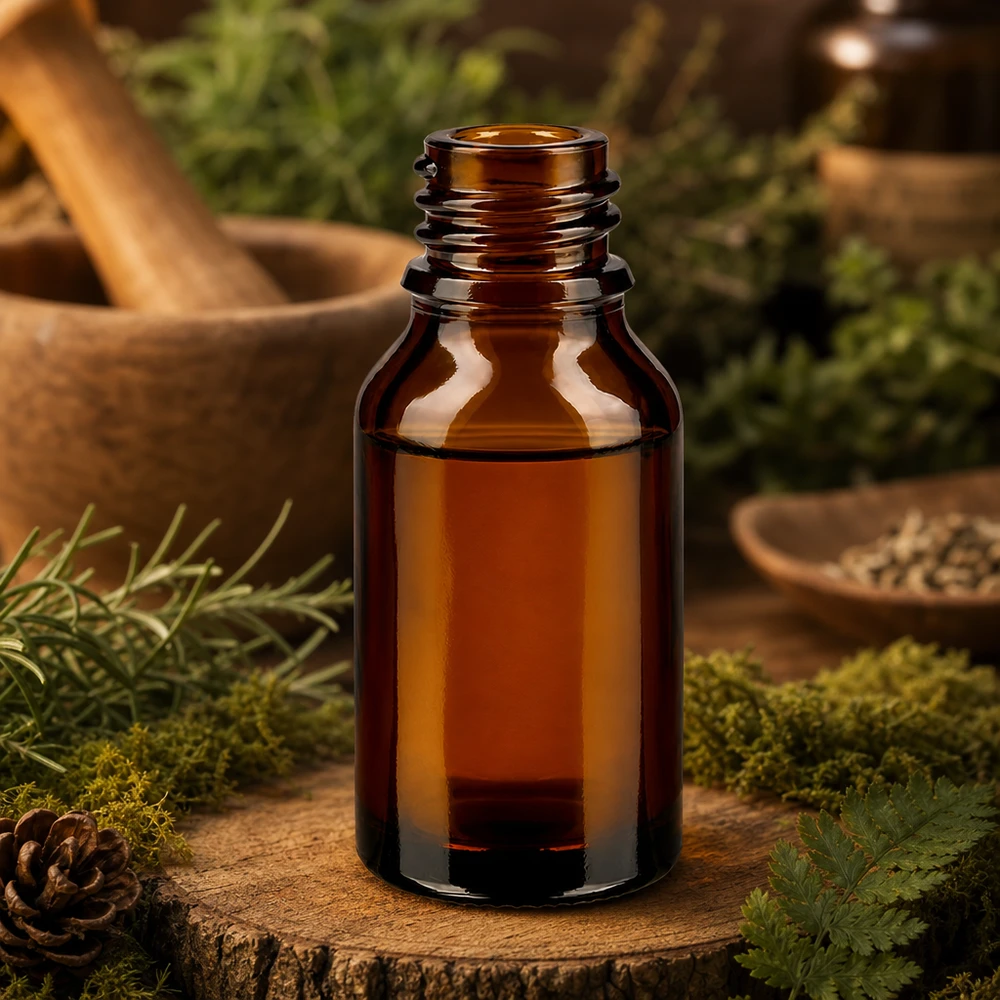 Flacon compte-gouttes pour pharmacie 30 ml DIN18 - verre brun Bouteille de pharmacie ApoGlas brune 30ml forme haute avec mousse pomme de pin Cosmétique naturelle ambiance forêt coupe en bois