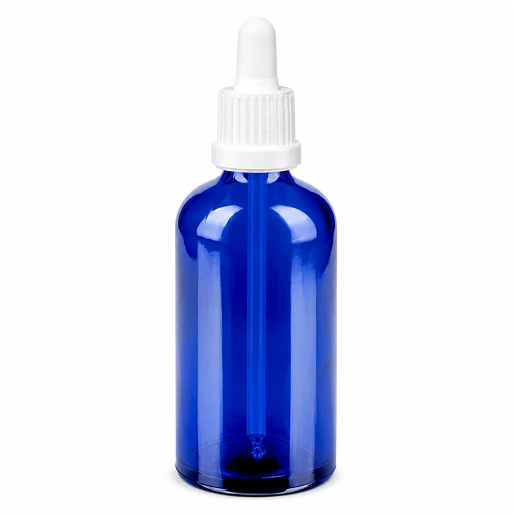 Flacon à pipette 100ml blanc OV BlueLine UT18/100 Bouteille à pipette de 100 ml de haute qualité, d'un bleu élégant, pour les huiles essentielles et les sérums