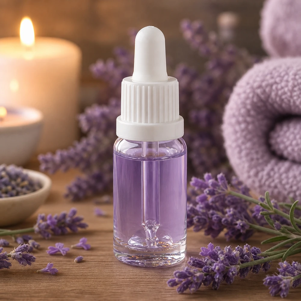 Flacon à pipette 10ml blanc OV ClearLine UT18/10 Essence de lavande en flacon pipette blanc de 10 ml OV ClearLine UT18/10, contenant violet