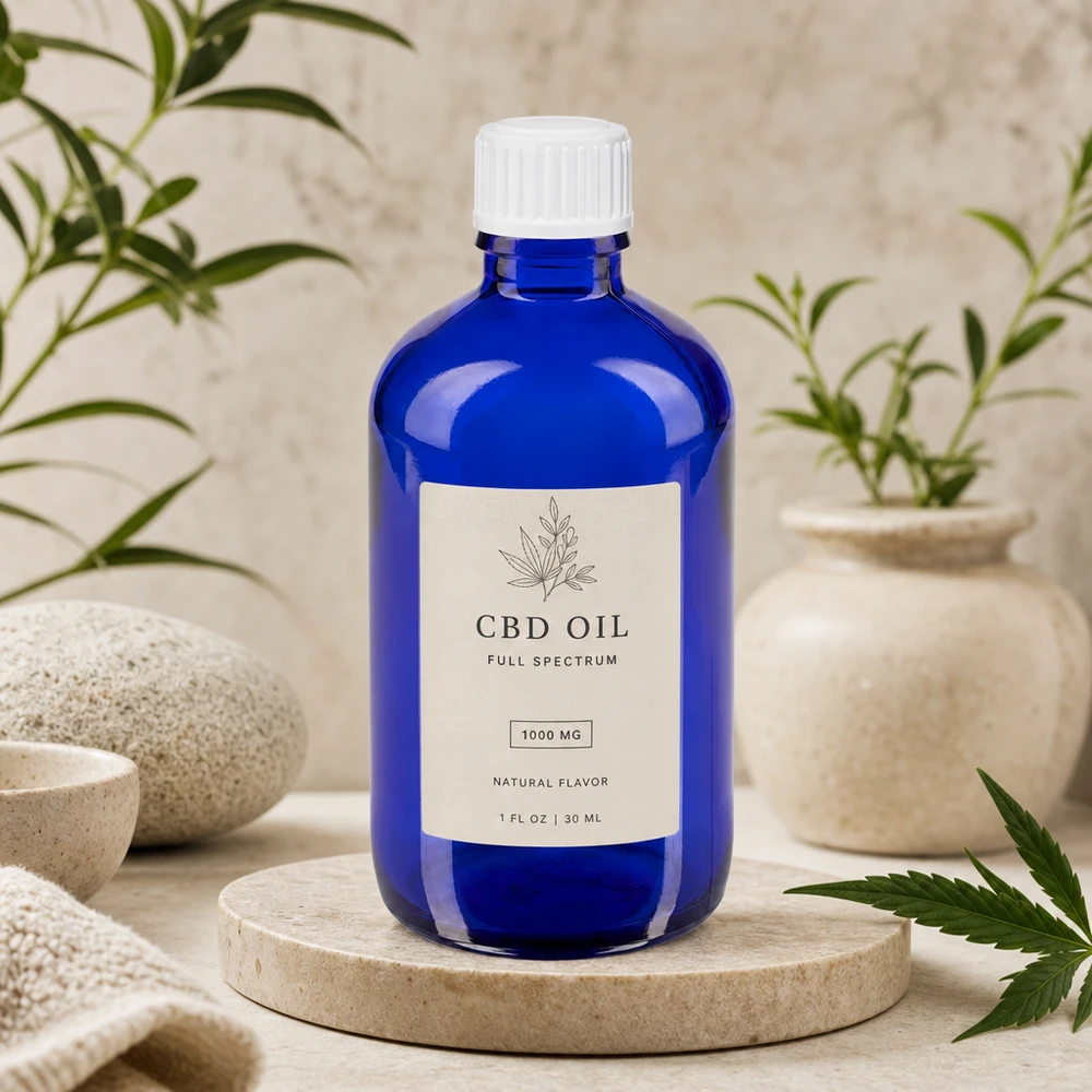 Flacon de pharmacie de 100 ml, bleu cobalt, avec bouchon blanc STD bien ajusté, posé sur un socle en pierre naturelle