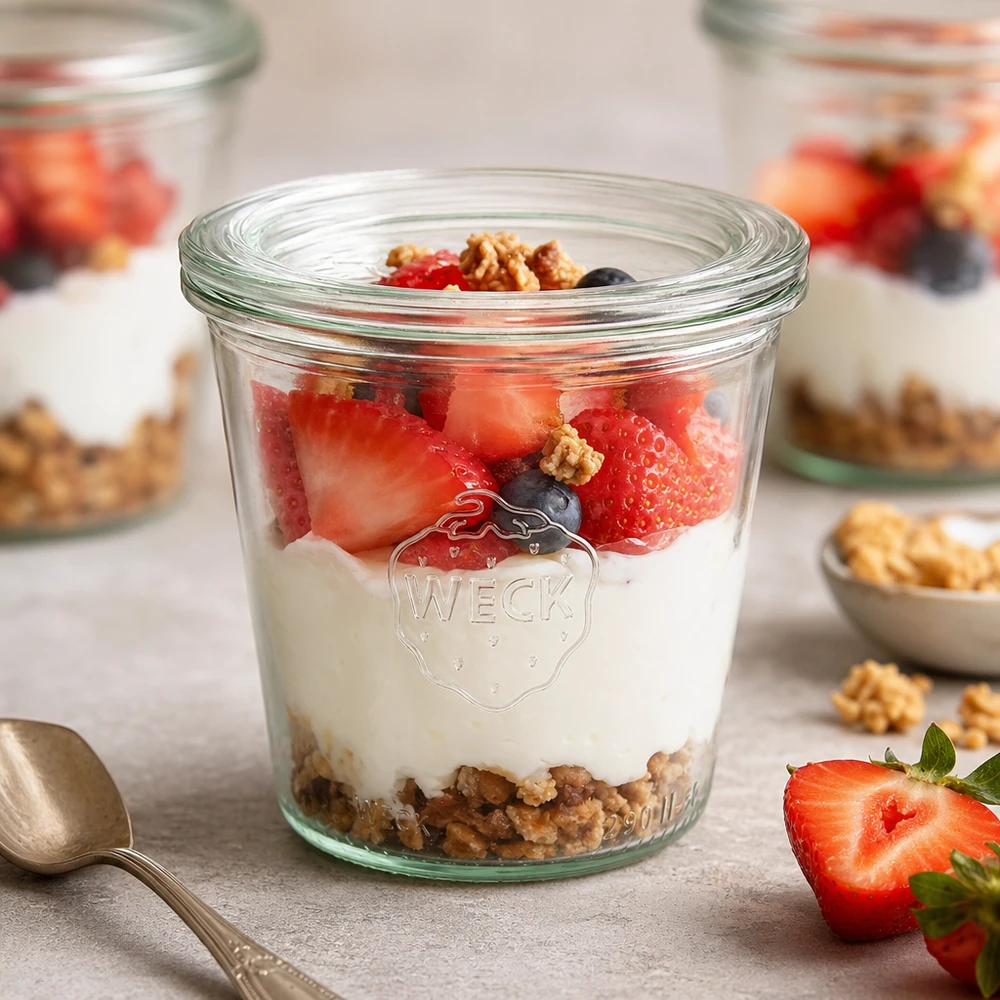 290ml bocal conique haut avec bouchon en verre WECK RR80 WECK Pot renversé 290ml RR80 avec dessert stratifié au yaourt, fraises, myrtilles et noix pour une idée de petit déjeuner
