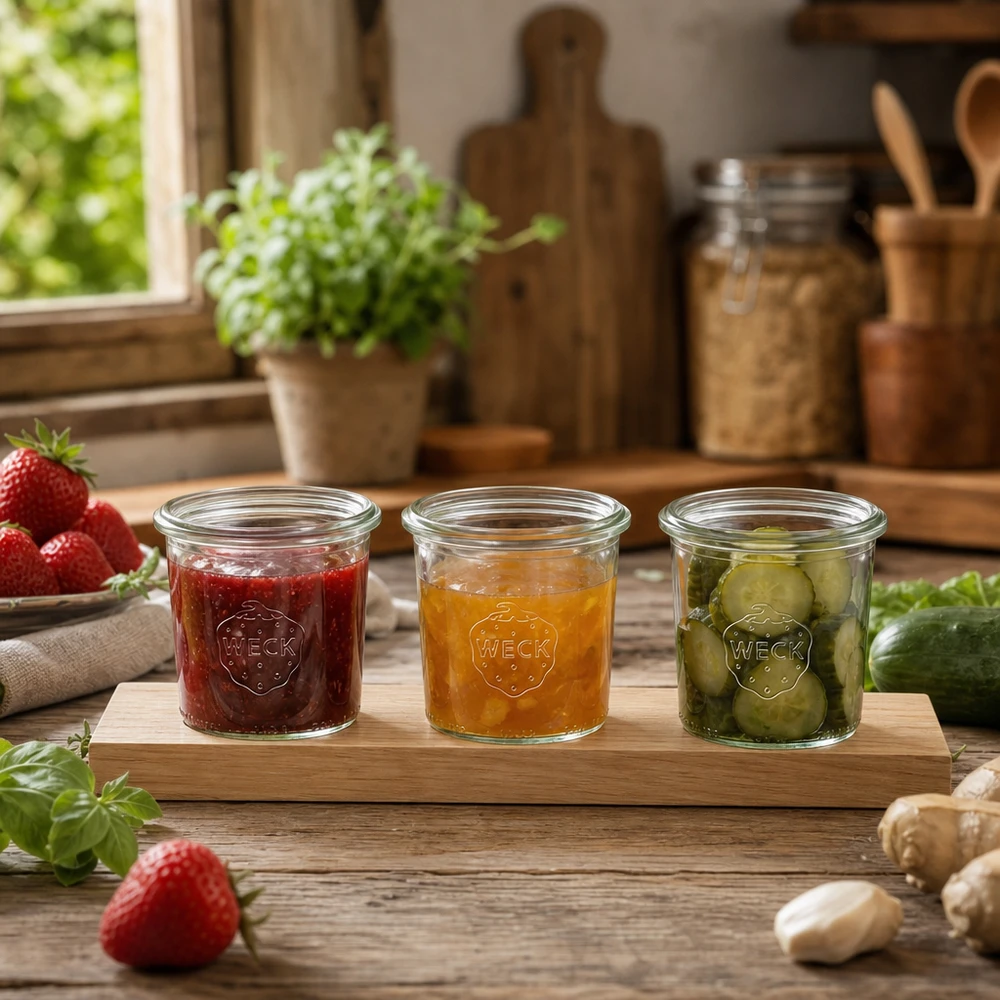 Plateau de service Plano3 avec 3 bocaux Weck de 140 ml WECK Pots 140ml sur planche de service avec confiture et cornichons marinés dans une cuisine rustique aux fines herbes