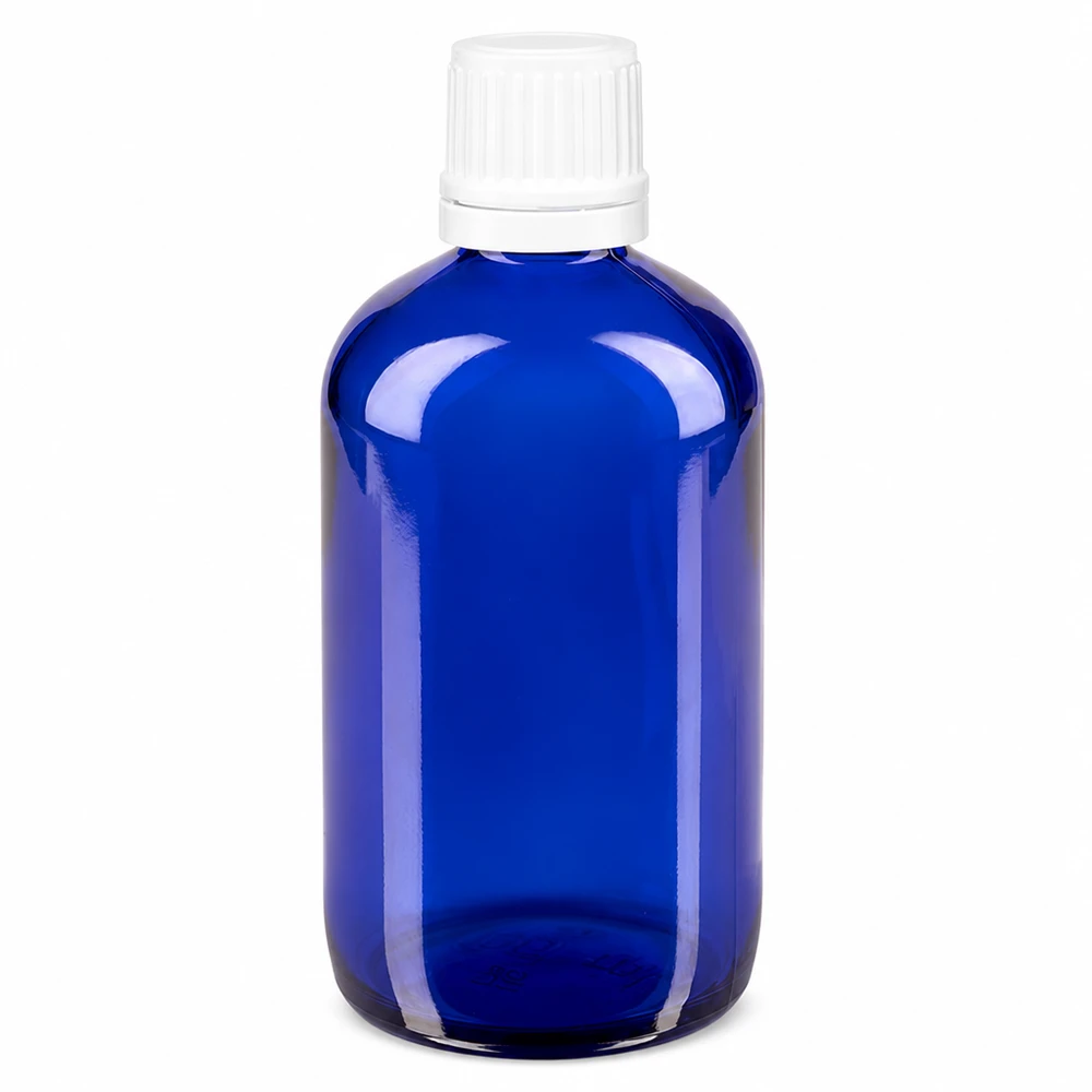Flacon de pharmacie bleu 100ml bouchon vissable blanc bouchon inviolabilité Flacon en verre bleu de 100 ml, style pharmacie, avec bouchon blanc à sécurité enfants et compte-gouttes