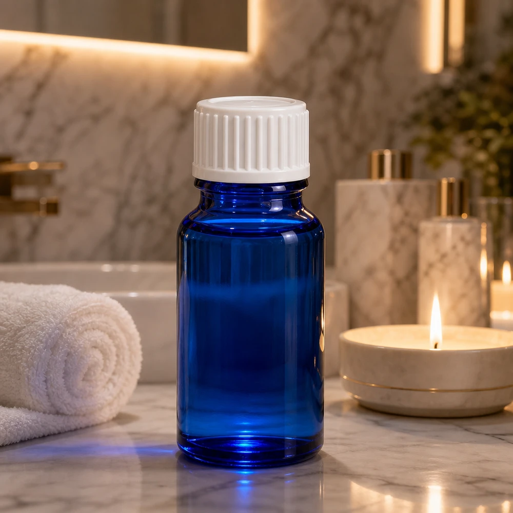 Flacon de pharmacie bleu 10ml bouchon vissable blanc standard Flacon en verre bleu vide de 10 ml pour huiles essentielles, avec bouchon à vis blanc, dans la salle de bains