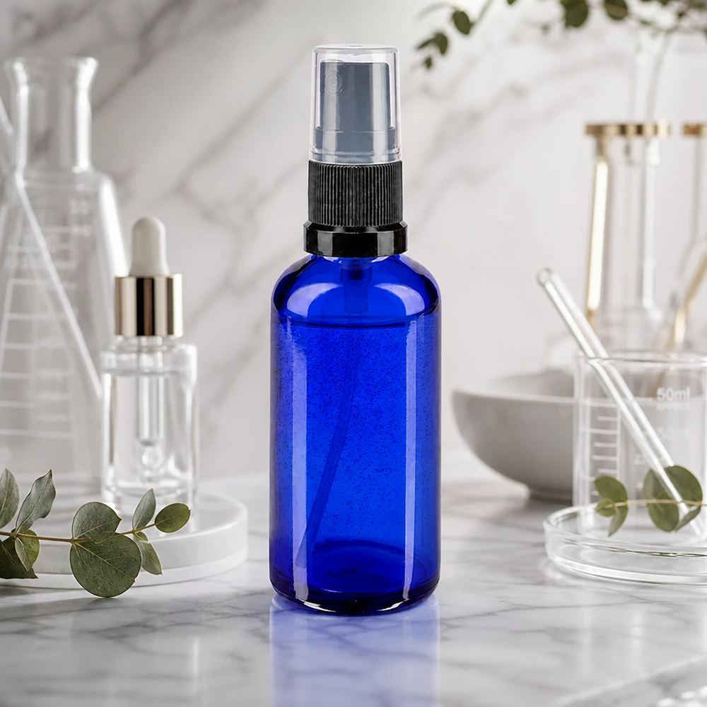 Flacon en verre d'apothicaire bleu cobalt de 50 ml avec vaporisateur noir, destiné à l'aromathérapie et aux soins cosmétiques