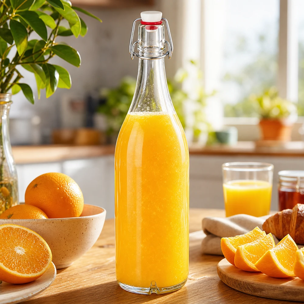 Bouteille en verre de 1000 ml + bouchon mécanique en porcelaine UN.. Bouteille en verre de 1000 ml avec bouchon à étrier remplie de jus d'orange frais à côté d'oranges sur la table de cuisine