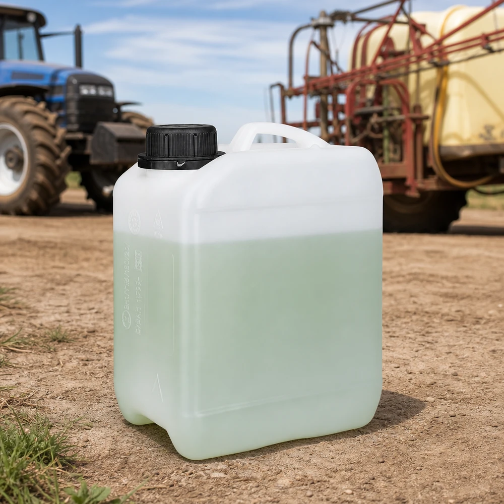 Bidon de 2.5 litres avec bouchon vissable bouchon d'inviolabilité Bidon de pesticide de 2,5 L devant un tracteur et un pulvérisateur agricole, dans l'enceinte d'une exploitation agricole