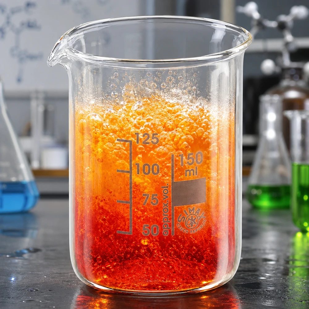 Bécher de qualité laboratoire 150ml forme basse avec solution de réaction orange et échelle claire en millilitres