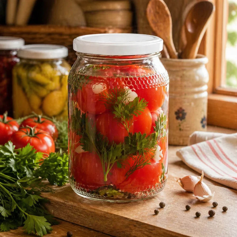 Pot de miel 900ml avec tomates confites et herbes aromatiques montre les possibilités de conservation BasicSeal couvercle blanc