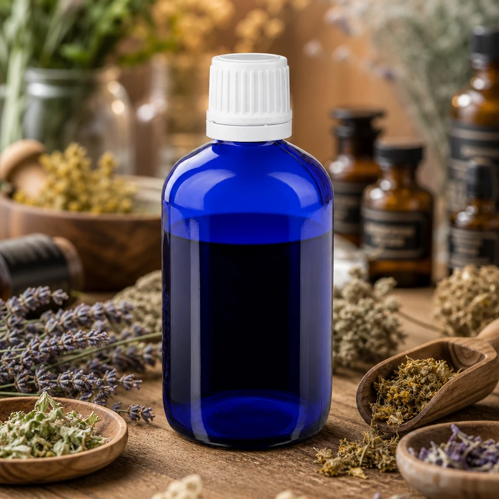 Flacon à pharmacie bleu 20ml Bouchon compte-gouttes blanc Sens de l'enfant Standard Flacon compte-gouttes bleu de 20 ml en verre de pharmacie, muni d'un bouchon KiSi, dans un décor naturel à base de plantes