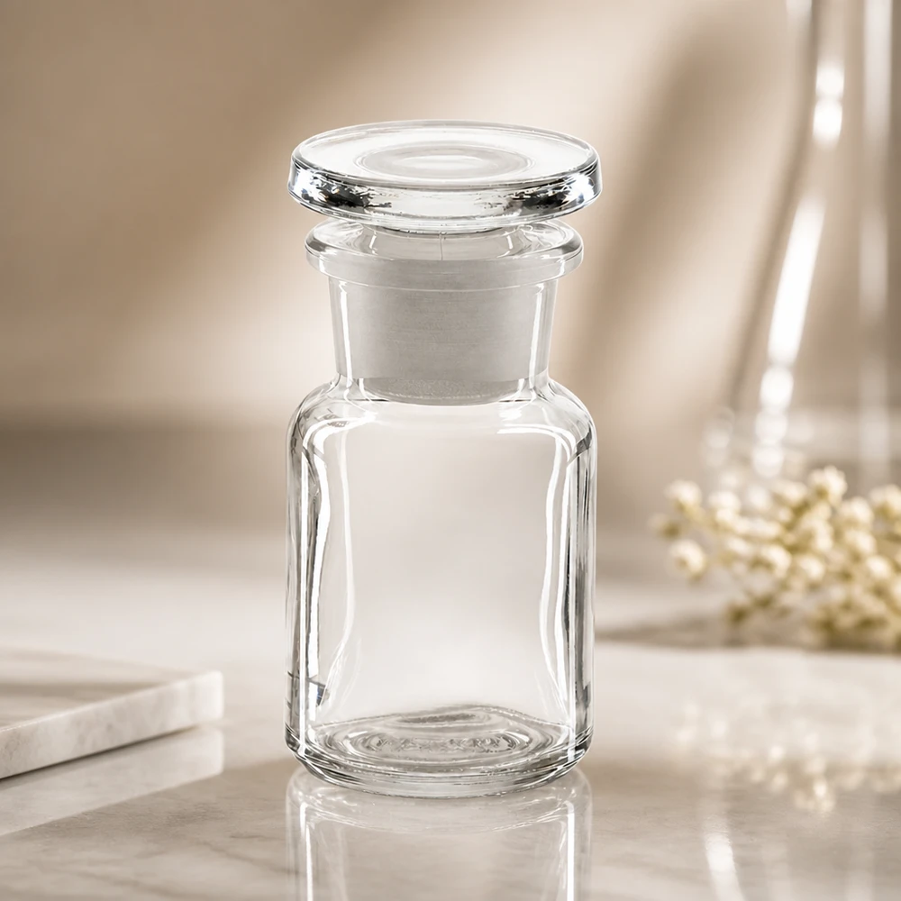 Flacon pharmaceutique 50 ml col large + bouchon verre clair Flacon de pharmacie vintage transparent de 50 ml avec bouchon en verre, corps carré et goulot large