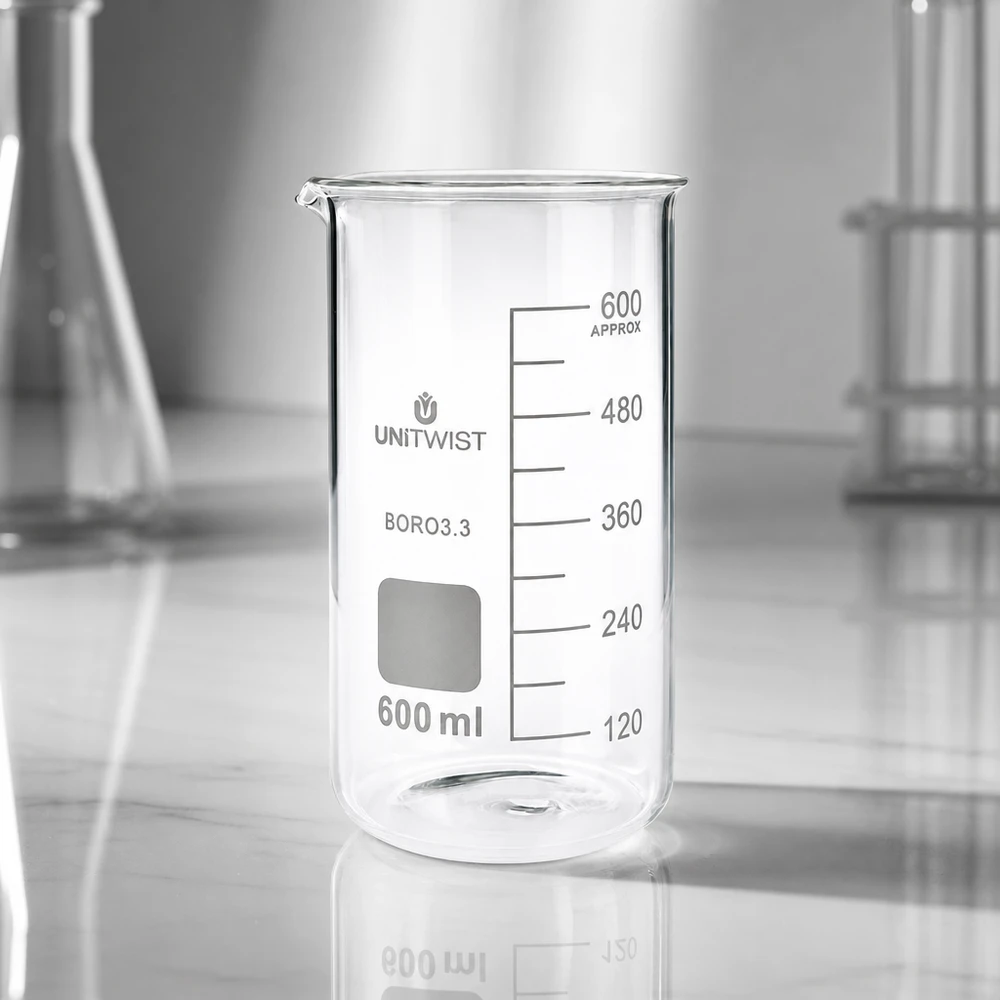 Verre à bec haut UNITWIST 600 ml, borosilicate 3.3, forme cylindrique, destiné aux applications de laboratoire en chimie