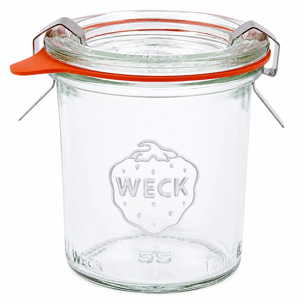 140ml bocal conique complet WECK RR60 WECK Bocal 140ml RR60 avec couvercle en verre, anneau en caoutchouc et pinces, set complet pour la mise en conserve.