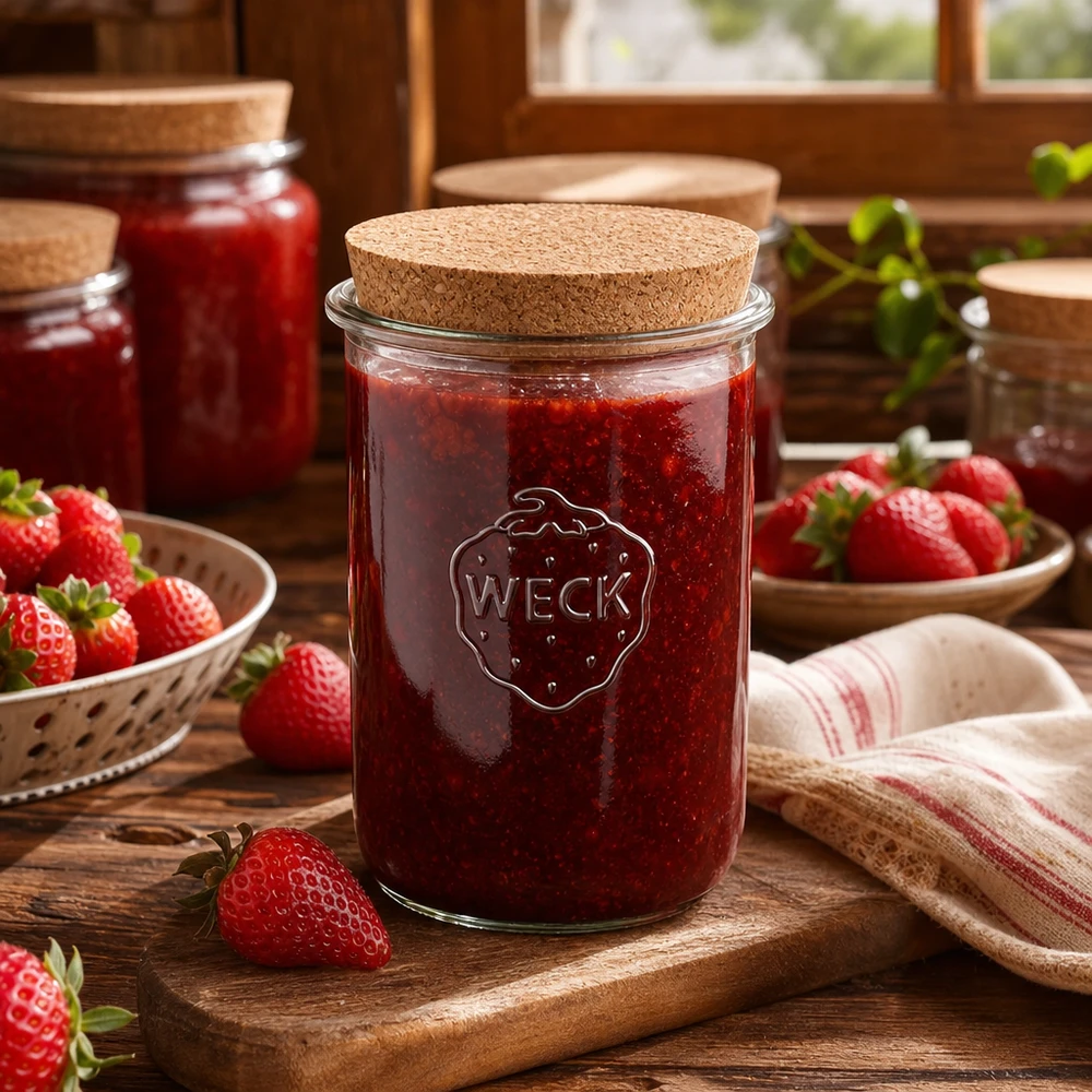 1000ml bocal conique WECK RR100 avec bouchon nature WECK Pot renversé 1000ml RR100 avec couvercle en liège rempli de confiture de fraises entouré de fraises fraîches cuisine rustique