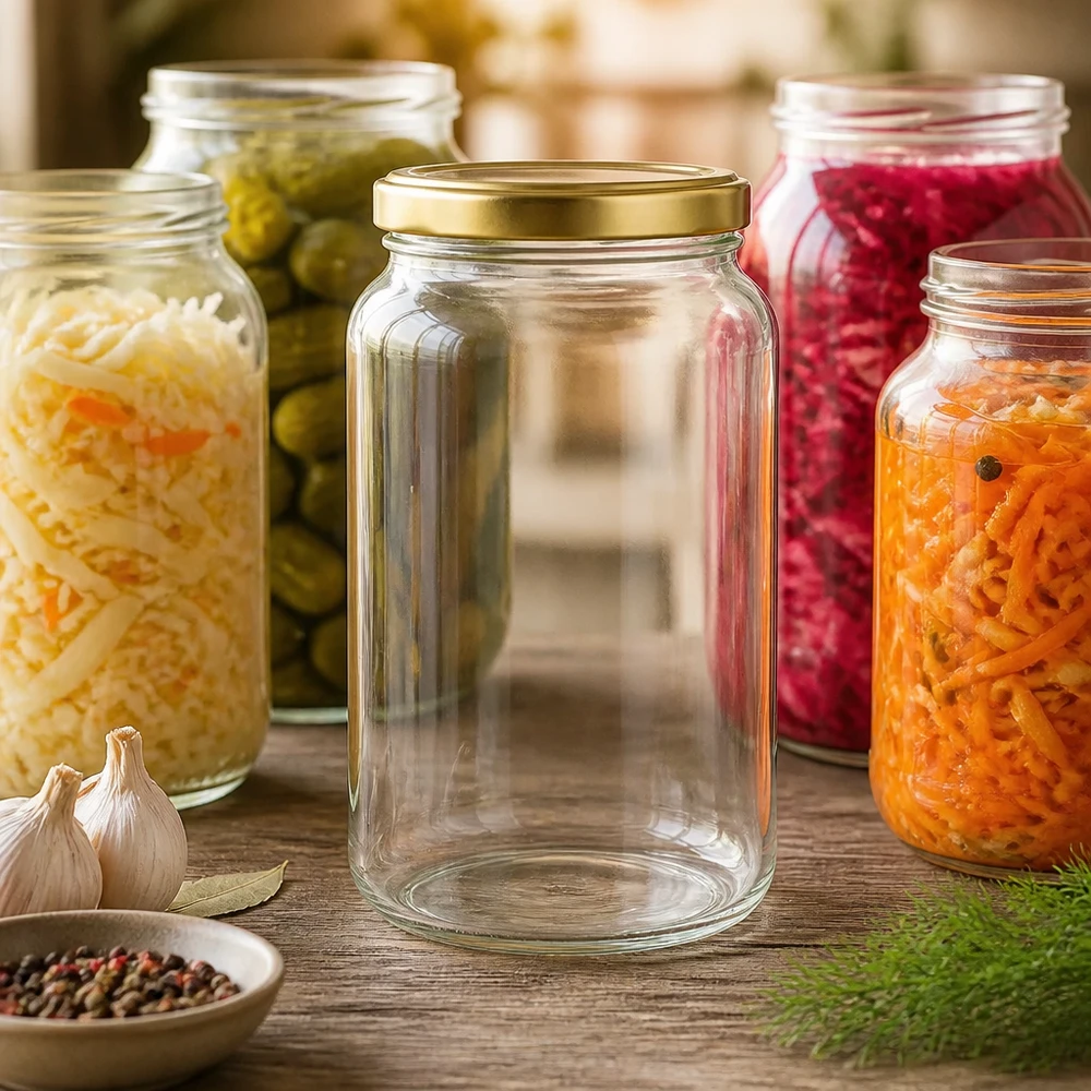 1700ml verre rond BasicSeal or au milieu de bocaux de fermentation colorés avec légumes marinés sur une table en bois rustique
