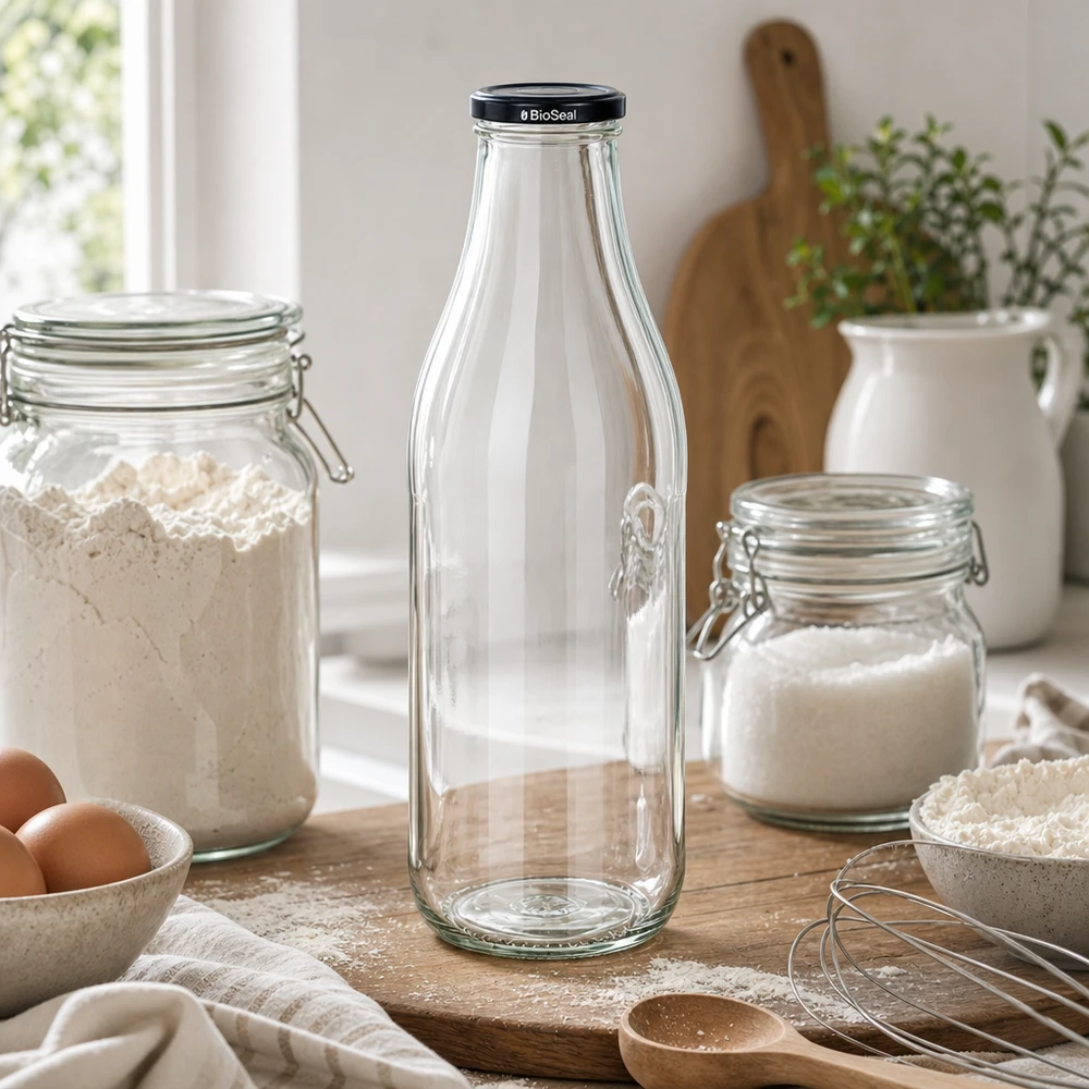 1000ml Bouteille avec couvercle BioSeal noir UNiTWIST Bouteille en verre de 1000ml avec couvercle BioSeal dans la cuisine entre les bocaux de stockage farine sucre ustensiles de cuisine Lifestyle