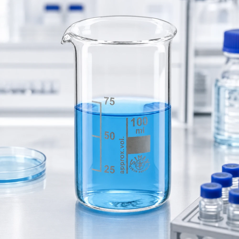 Bécher 100ml en verre borosilicate résistant à la chaleur (forme haute) Verre à bec Simax Tall-Form, 100 ml, en verre borosilicaté transparent avec échelle de volume blanche – Matériel de laboratoire