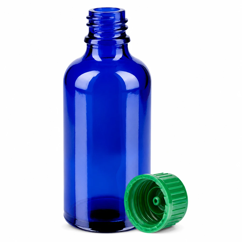 Flacon de 50ml 11mm SV vert STD BlueLine UT18/50 Petit flacon en verre bleu de 50 ml avec bouchon vert, parfait pour les voyages et les déplacements