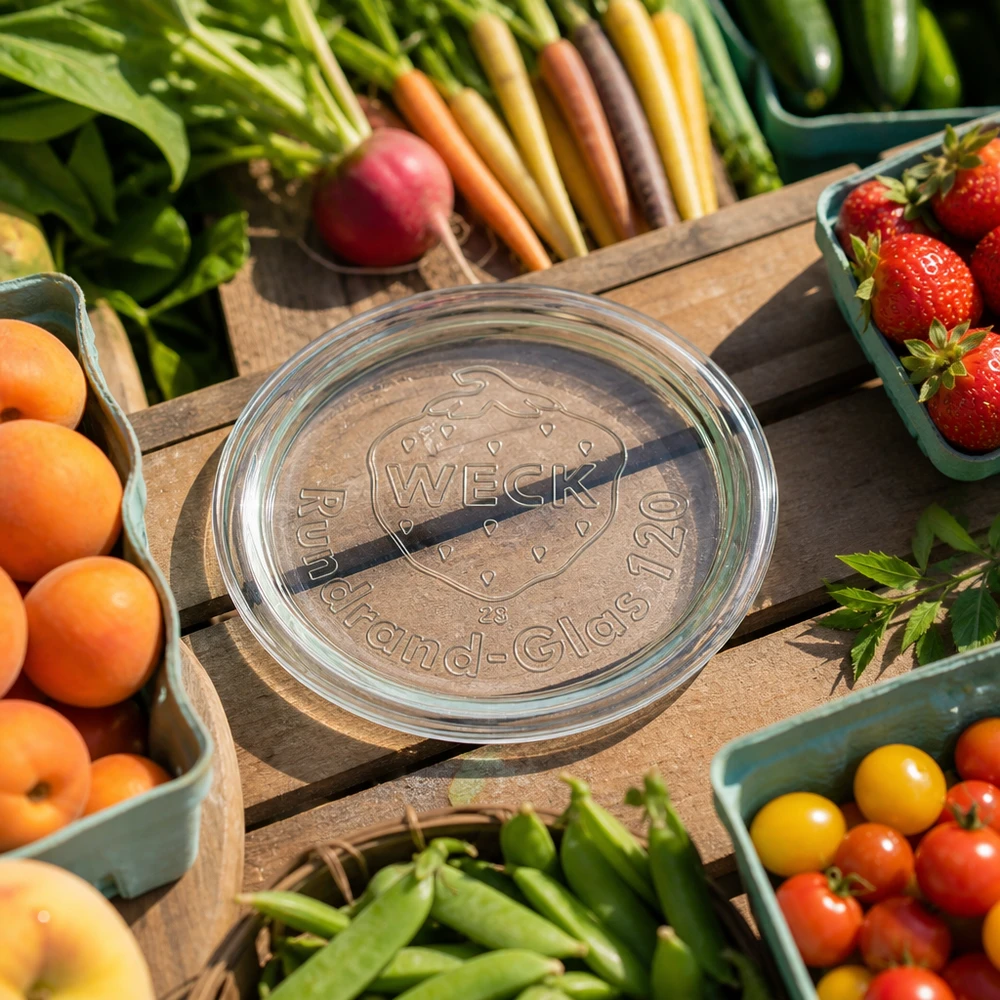 Couvercle en verre WECK RR120 WECK Couvercle en verre RR120 entouré de fruits et légumes frais sur une table en bois montre l'application lors de la mise en conserve