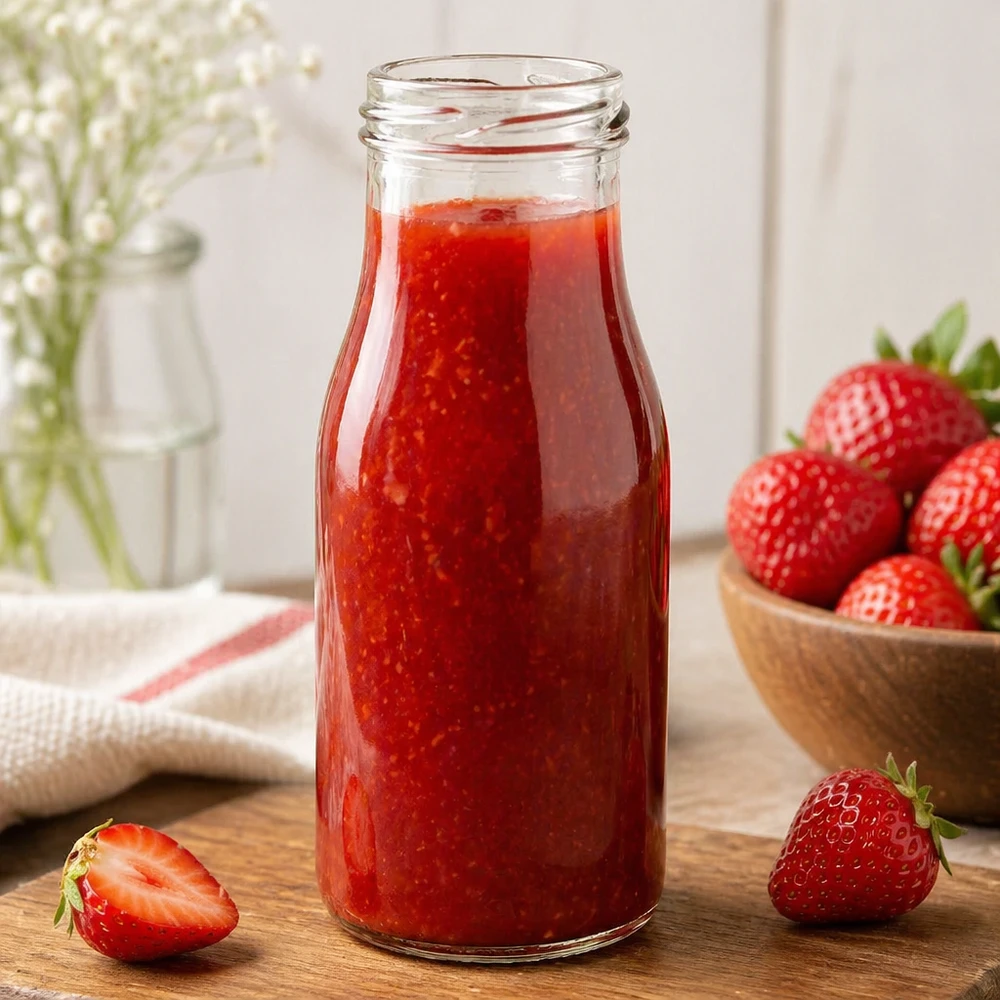 150ml Bouteille sans bouchon (TO43) UNiTWIST UNiTWIST Bottle150 Bouteille en verre 150ml TO43 remplie de jus de fraise à côté de fraises fraîches sur une table en bois